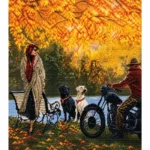 Autumn Park with Dogs and Motorcycle