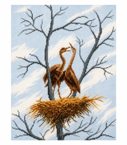Cross-stitch Birds Nesting in Winter Tree